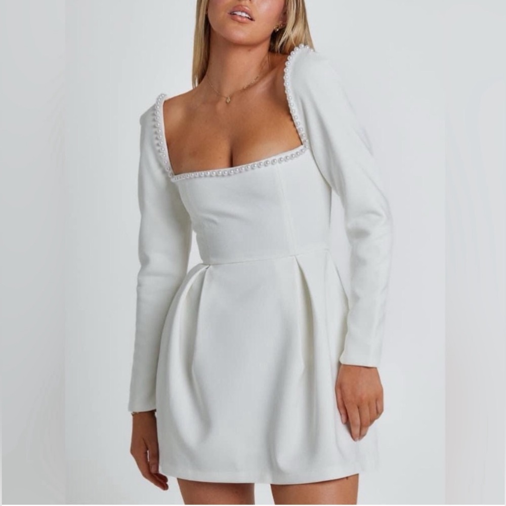 white long sleeve dress with pearl accents